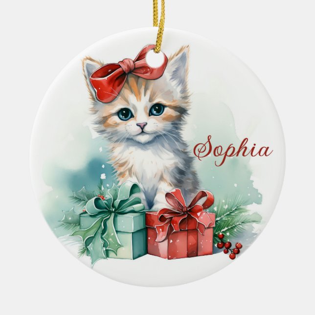 Cute Jul Kitten med julklappar Julgransprydnad Keramik (Framsidan)