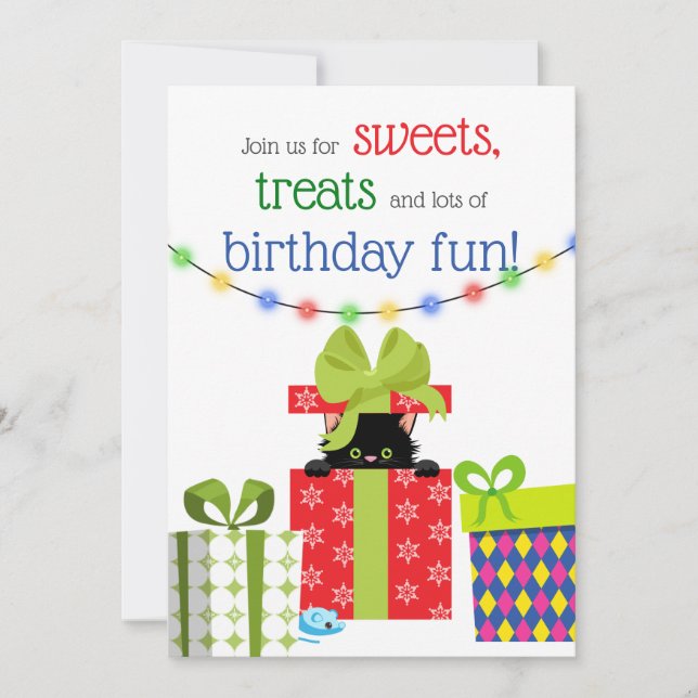 Cute Jul Kitten och ger vinter-födelsedag in Inbjudningar (Framsida)