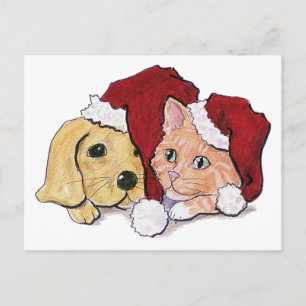 Cute jul Labrador Puppy och Orange Tabby Helg Vykort