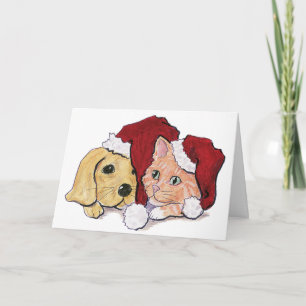 Cute jul Labrador Puppy och Orange Tabby Helgkort