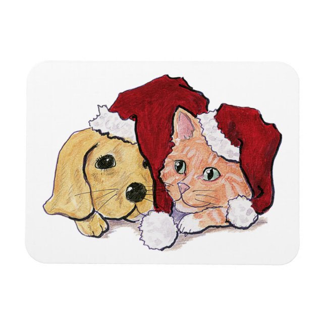 Cute jul Labrador Puppy och Orange Tabby Magnet (Horisontell)