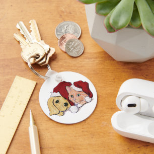 Cute jul Labrador Puppy och Orange Tabby Nyckelring