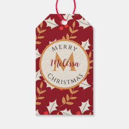 Cute jul Monogram Burgundy Holly Mistletoe Presentetikett