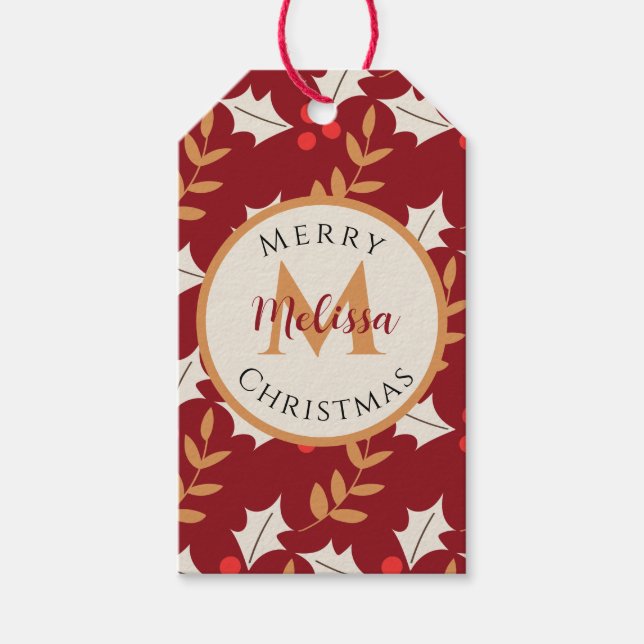 Cute jul Monogram Burgundy Holly Mistletoe Presentetikett (Framsidan)