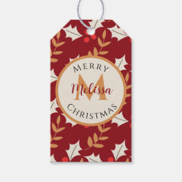 Cute jul Monogram Burgundy Holly Mistletoe Presentetikett
