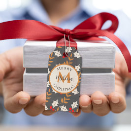 Cute jul Monogram Grått/Grått Holly Mistletoe Presentetikett