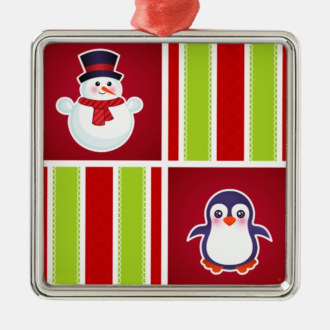 Cute jul Mönster med Snögubbar och penguiner Julgransprydnad Metall (Framsidan)