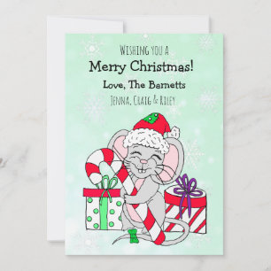 Cute Jul Mouse Holding Candy cane Julkort