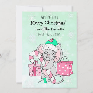 Cute Jul Mouse Holding Candy cane Julkort