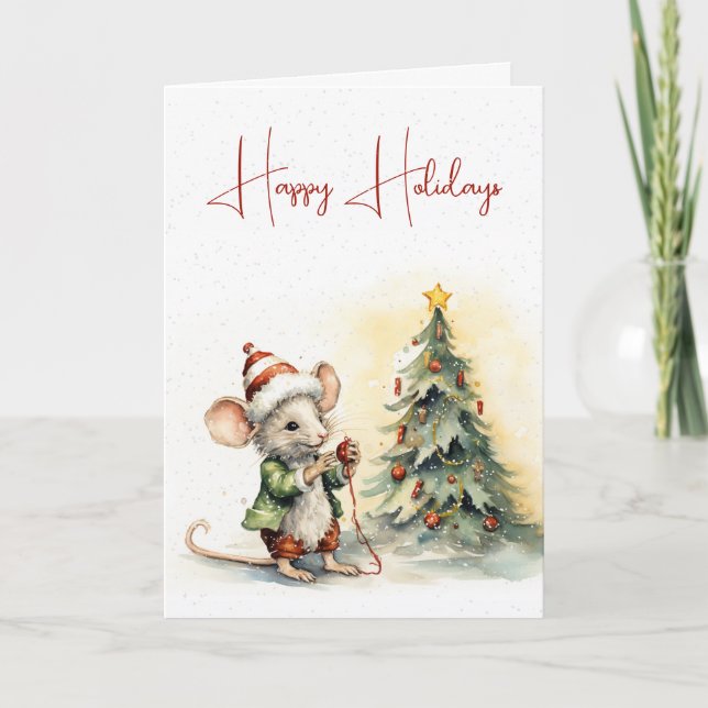 Cute Jul Mouse Träd i Snöflingor Kort (Framsida)