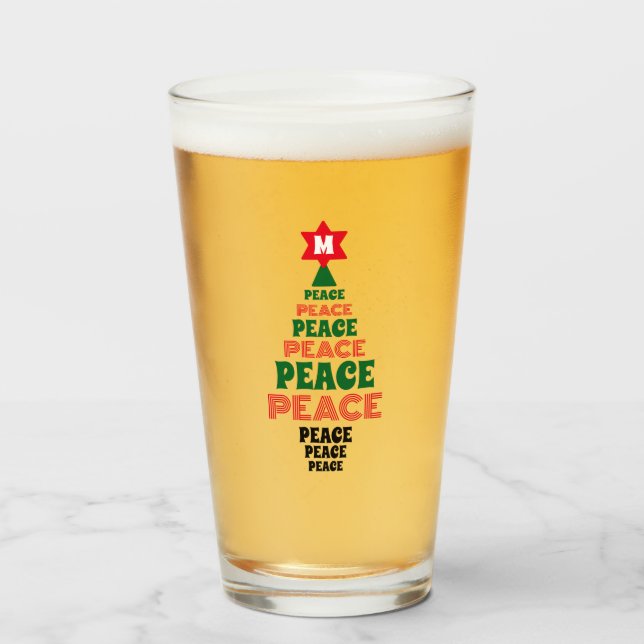 Cute Jul Peace Grönt Träd Anpassningsbar Initial Glaskopp (Framsida fylld)