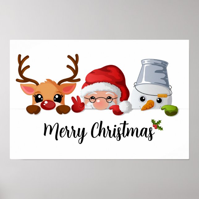 Cute Jul-peeking Santa, Reindeer & Snögubbe Poster (Framsidan)