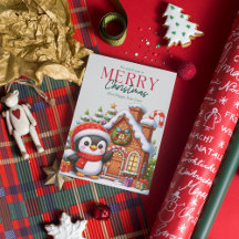 Cute Jul Penguin och Gingerbröd House