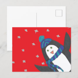 Cute jul Penguin on Red Vykort