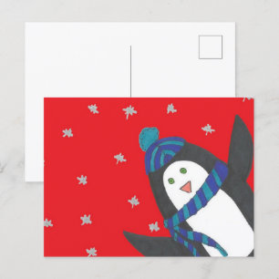 Cute jul Penguin on Red Vykort