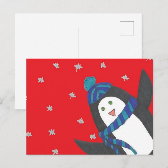 Cute jul Penguin on Red Vykort (Fram/baksida)