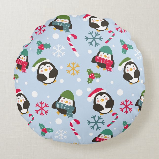 Cute jul Penguin Rund Kudde (Framsidan)