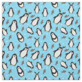 Cute Jul Penguins Blek Blue Patterned Tyg