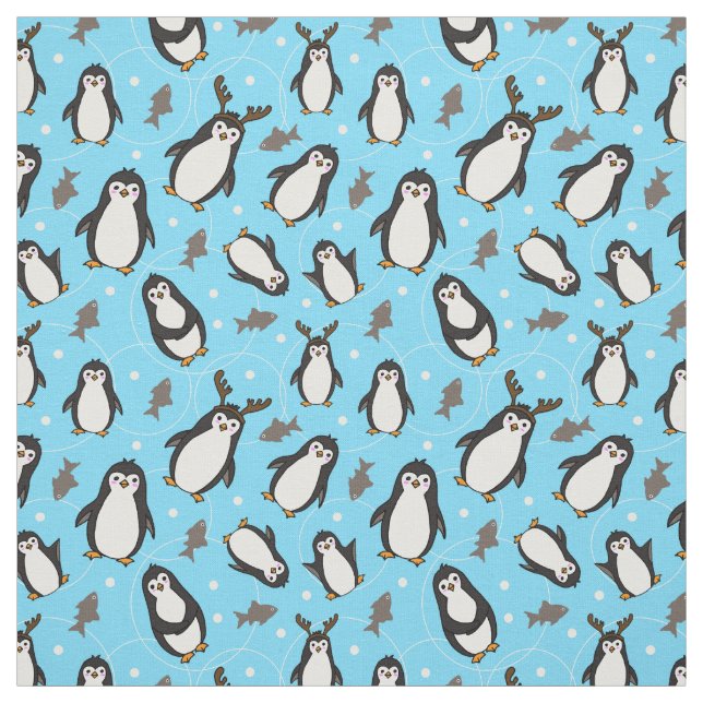 Cute Jul Penguins Blek Blue Patterned Tyg (Provkarta)