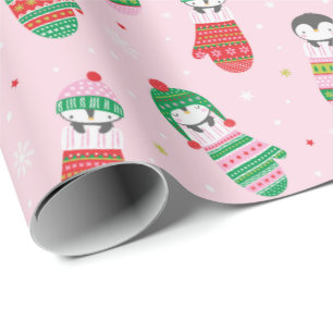 Cute Jul Penguins in i portvitt ljus rosa Presentpapper