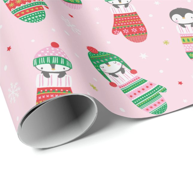Cute Jul Penguins in i portvitt ljus rosa Presentpapper (Rullad Hörn)
