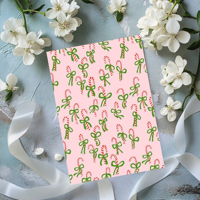 Cute Jul-Polkagrisar, Julafton Helgdag, platta kor (Cute Christmas Candy Canes Pink Bows Xmas Holiday Flat Card
)