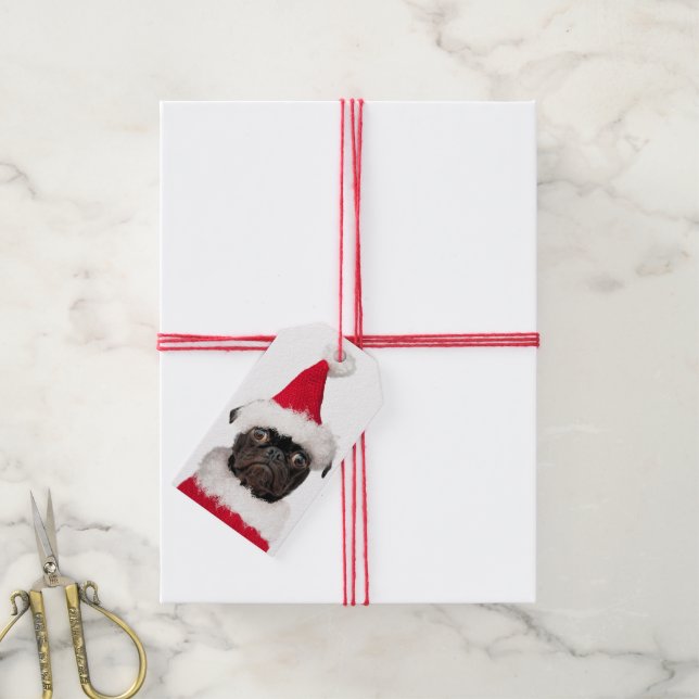 Cute Jul Pug Puppy Santa Merry Pugmas Presentetikett (Med Snöre)