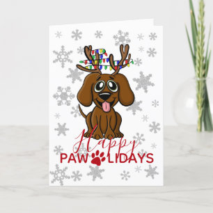 Cute jul Puppy Hund Reindeer w Träd Ljus Helgkort