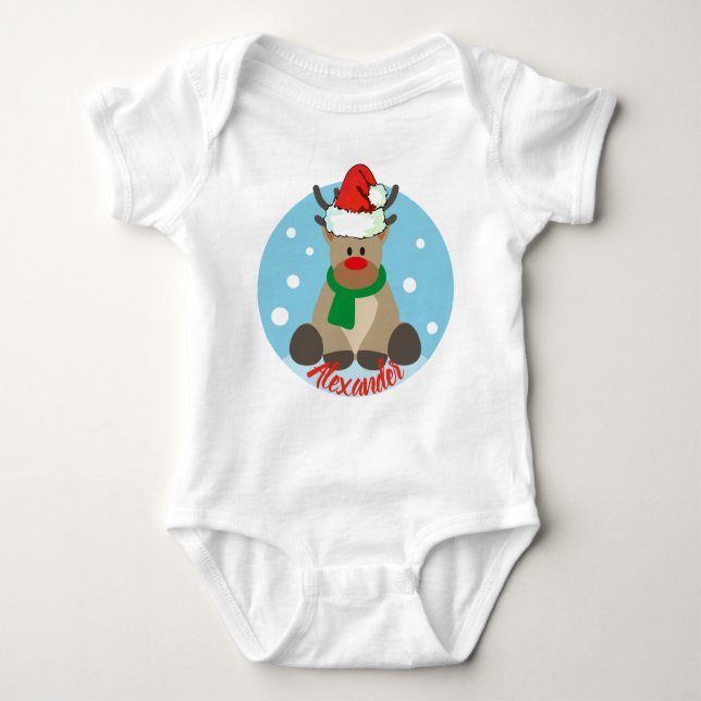 Cute Jul Red Nose Reindeer med jultomtens hatt T Shirt (Framsida)