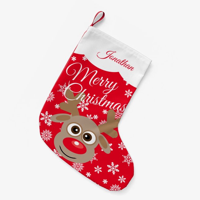 Cute jul Reindeer Red White Script Namn Liten Julstrumpa (Framsidan (Hängande))