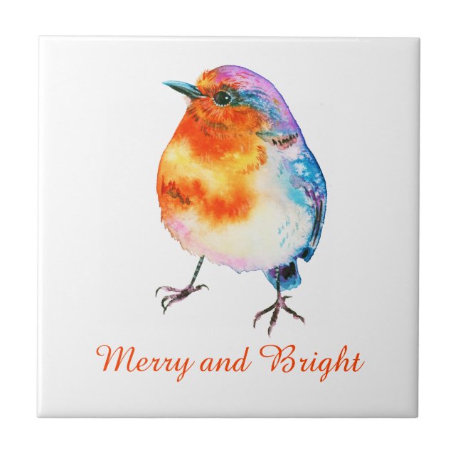 Cute jul Robin Watercolor Merry och Bright Kakelplatta (Framsidan)