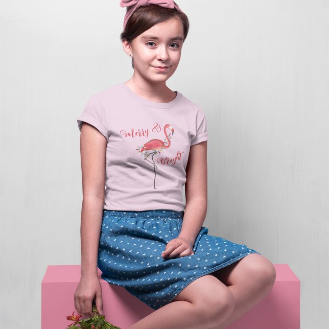 Cute Jul Rosa Flamingo Anpassningsbar T Shirt (Pink Flamingo Merry and Bright Girls T Shirt. )