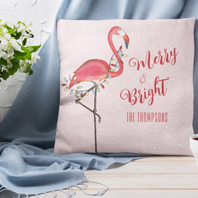 Cute Jul Rosa Flamingo Personlig Kudde (Christmas "Merry and Bright" cute whimsical pink flamingo throw pillow)