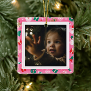 Cute Jul Rosa Photo Ram Julgransprydnad Keramik