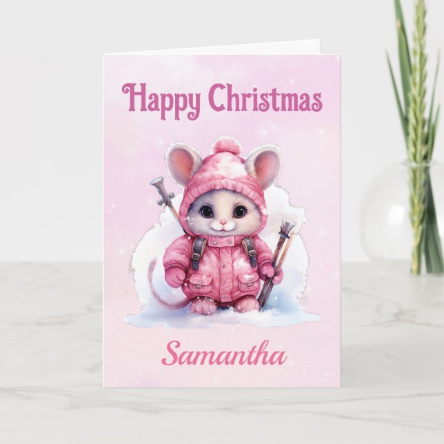Cute Jul Rosa Winter Mouse Helgkort (Framsida)