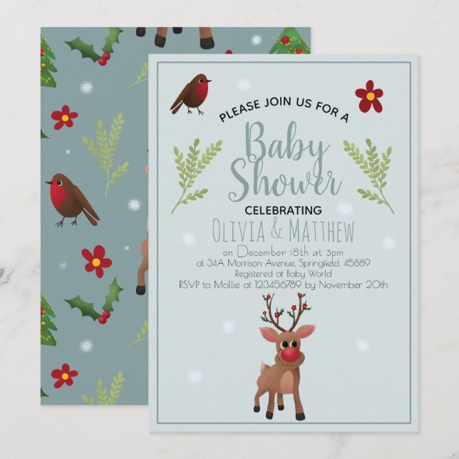 Cute Jul Rudolph Reindeer Baby Shower Inbjudningar (Fram/baksida)