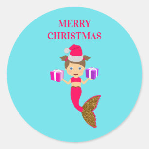 Cute Jul-Sjöjungfrun Flickan Santa Hat i havet Runt Klistermärke
