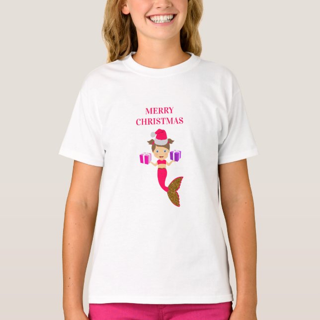 Cute Jul-Sjöjungfrun Girl Santa Hat Julafton T Shirt (Framsida)