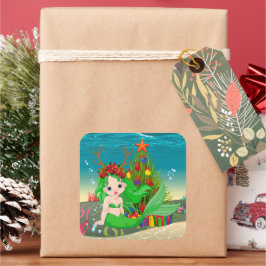 Cute Jul-sjöjungfrun sjögräs träd Fyrkantigt Klistermärke