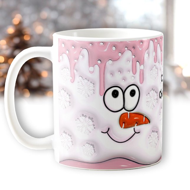 Cute Jul Smälter Snögubbe Ansikte Rosa Namn Kaffemugg (Cute Christmas Melting Snowman Face Pink Name Coffee Mug)