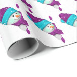 Cute jul snögubbe i snöflingor presentpapper<br><div class="desc">Cute lila och aqua Jul snögubbe i snöflingor på vit bakgrund. Bakgrunden till färg kan ändras.</div>