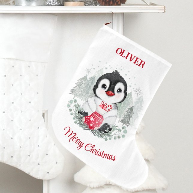 Cute Jul Stocking Penguin Kids Namn Stor Julstrumpa (Cute Christmas Stocking Penguin Kids Name)