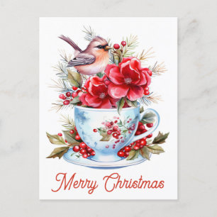 Cute jul Tea Cardinal Blommigt Tekopp Vykort