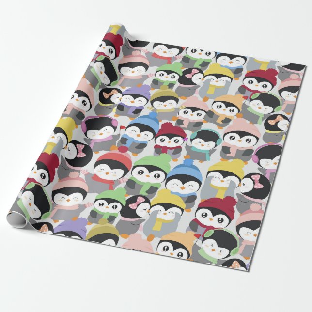 Cute Jul-Tecknaden Penguins Presentpapper (Utrullad)
