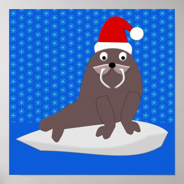 Cute jul Walrus och Snöflingor Poster (Framsidan)