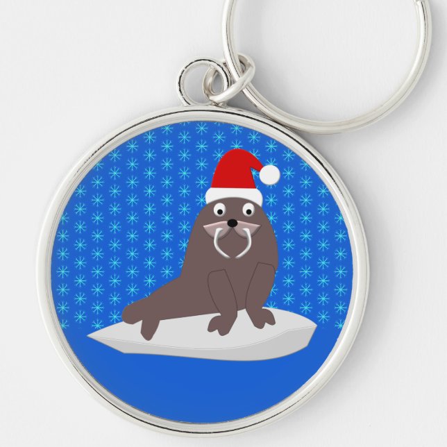 Cute jul Walrus och Snöflingor Rund Silverfärgad Nyckelring (Framsidan)