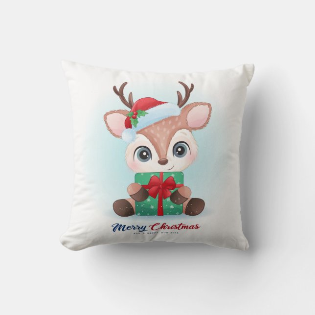 Cute jul Watercolor Hjort Nursery Kudde (Framsida)