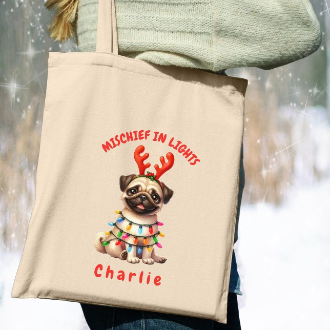 Cute Jul Watercolor Lovable Pug Hund Tygkasse (Carry festive cheer with this custom fun Pug dog tote bag. A perfect gift for dog lovers.)