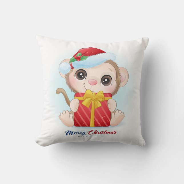 Cute Jul Watercolor Monkey Nursery Kudde (Framsida)