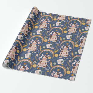 Cute jul Yoga Cow Whimsical Mönster Blue Presentpapper